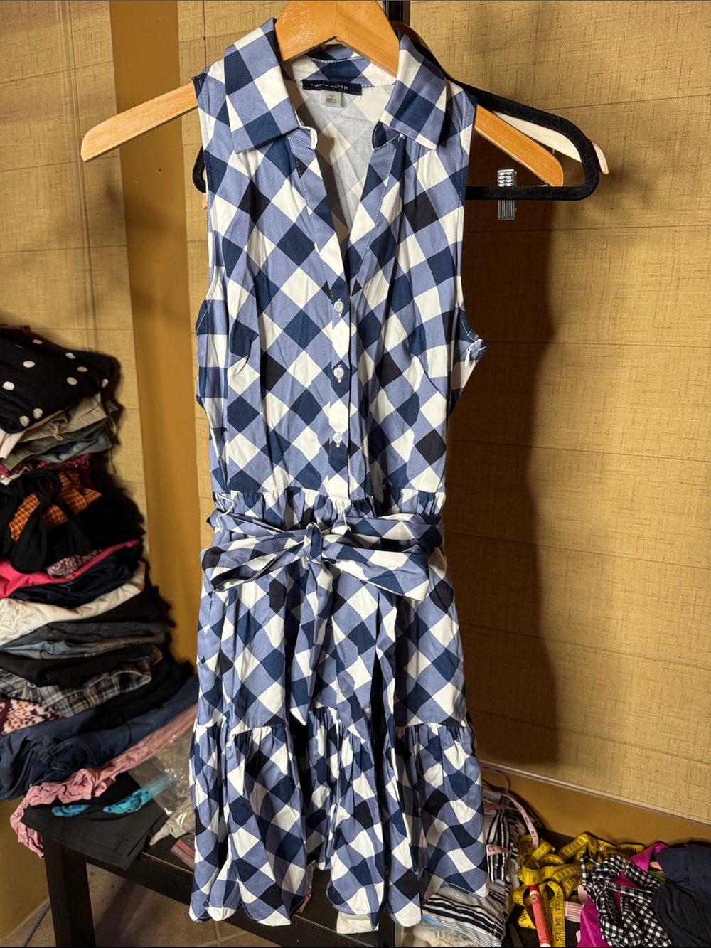 Tommy Hilfiger Blue White Buffalo Plaid Tiered Shirt Dress NWOT Size 2 - Picture 2 of 10